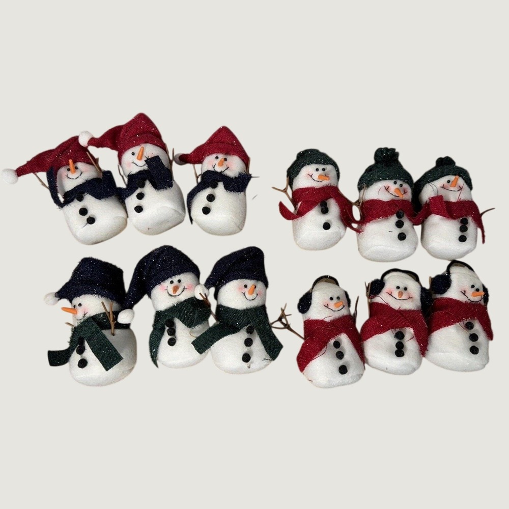 12 Puffy Felt Snowman Christmas Ornaments Holiday Tree Decor Hats Scarves